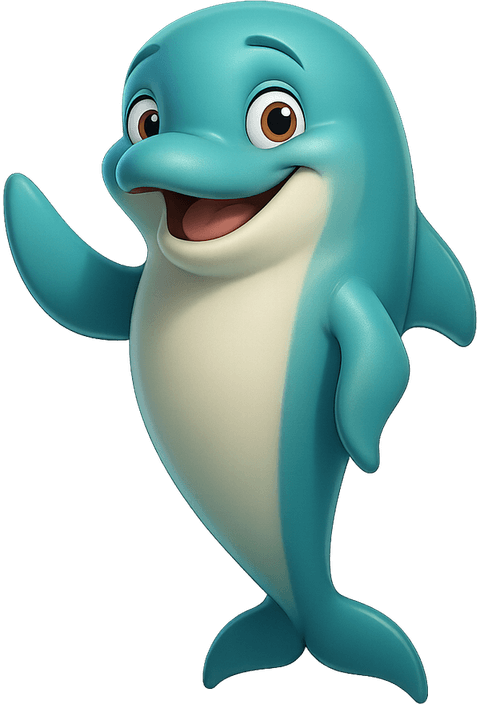 Gerald, the friendly Adventure Water Sports dolphin, waving hello