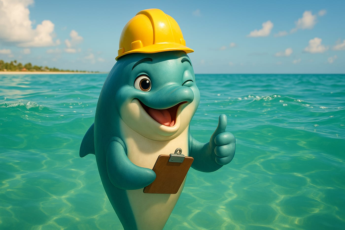 Gerald the dolphin in a construction hard hat, giving a thumbs up off Fort Myers Beach