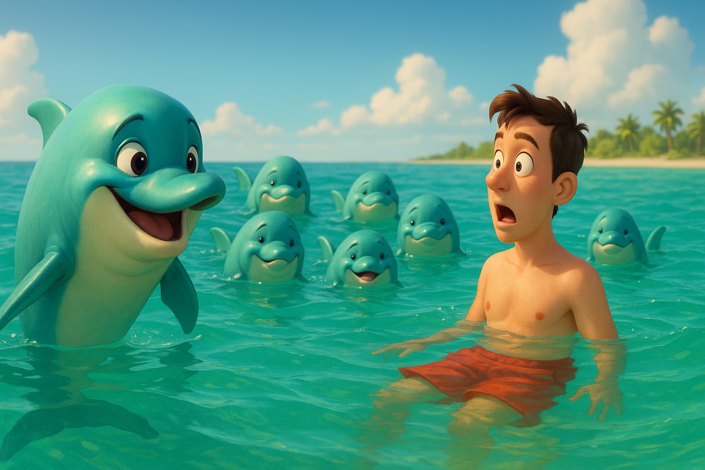 A surprised swimmer greeted by a pod of cartoon dolphins off the beach