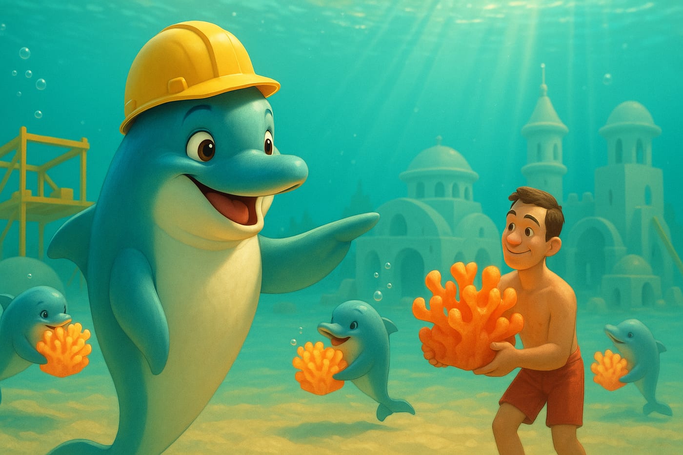 Dolphins building an underwater city with Gerald as foreman