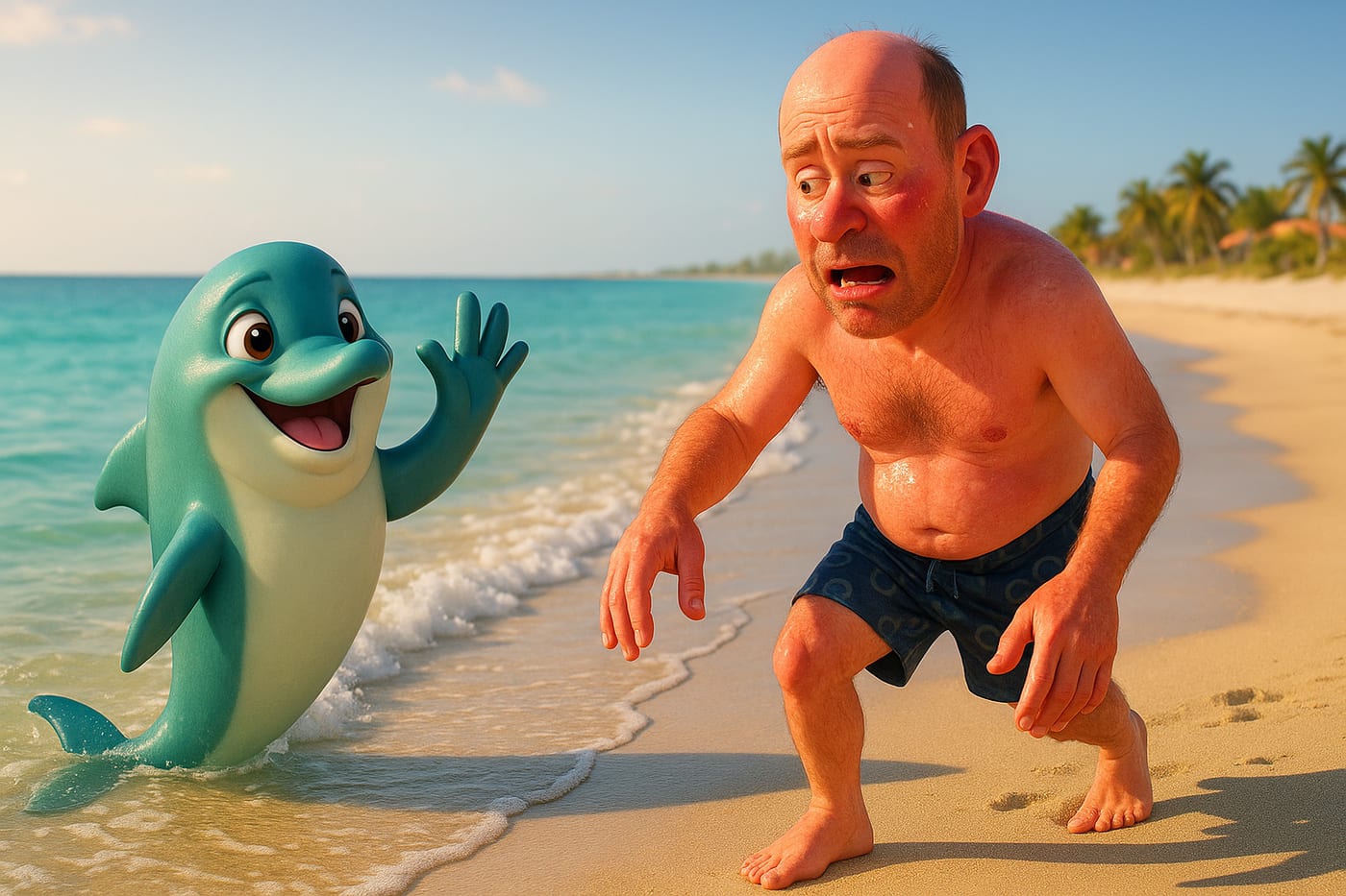 The sunburned man washing up on the beach as Gerald waves goodbye